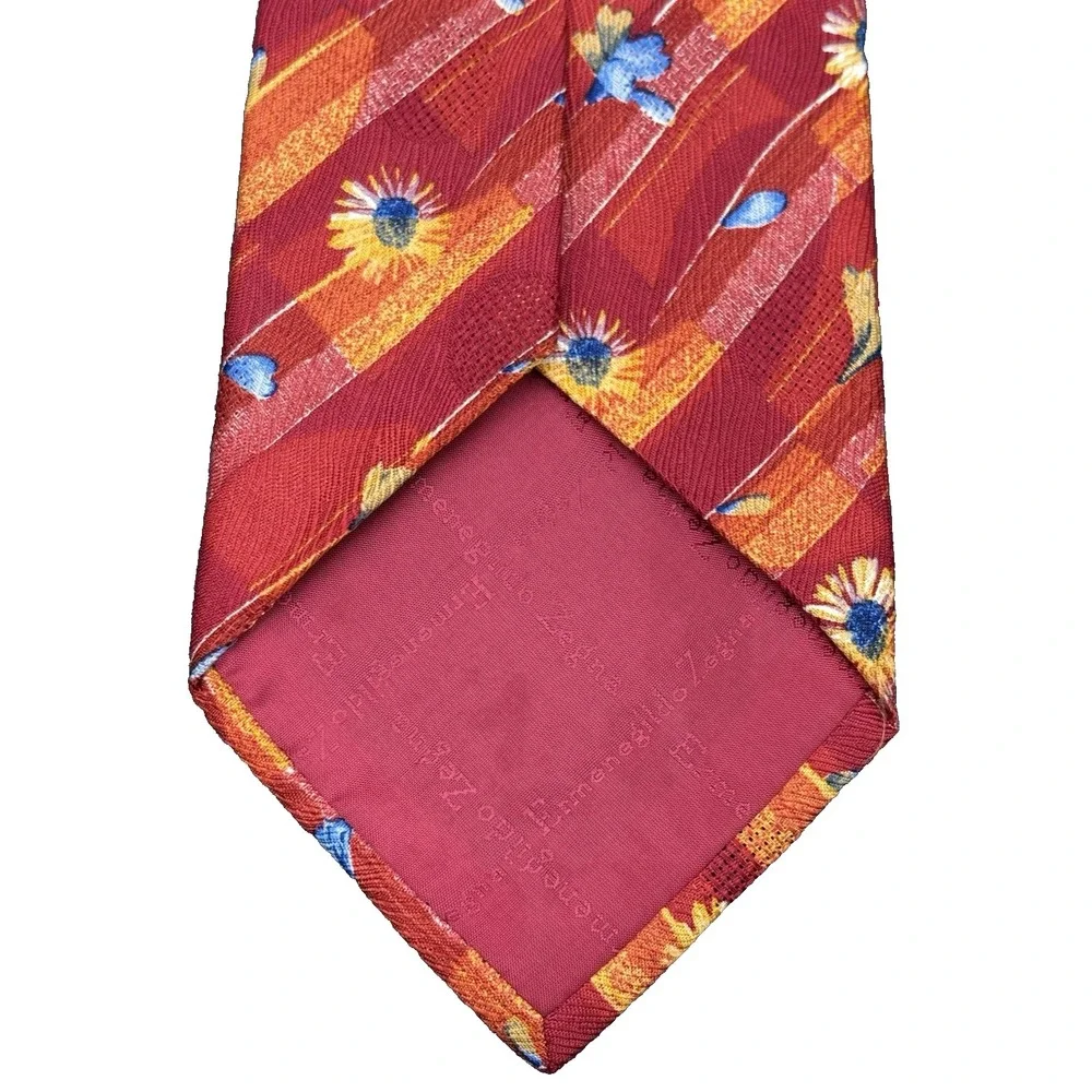 ERMENEGILDO ZEGNA Men's Tie 100% Silk ITALY Luxury FLORAL Red Orange Blue 60